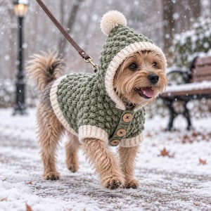 Könnte beinhalten: Ein kleiner Hund trägt einen strukturierten, olivgrünen Häkelpullover mit Kapuze, einem cremefarbenen Bommel und cremefarbenen Rippbündchen. Der Pullover hat drei braune Holzknöpfe auf der Vorderseite und ist an einer braunen Lederleine befestigt.