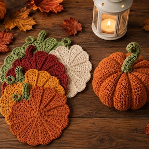 May include: A collection of flat, crocheted pumpkin-shaped coasters in shades of green, burgundy, yellow, orange, and cream, alongside a three-dimensional, stuffed orange crocheted pumpkin with a green stem, arranged on a dark wooden surface.