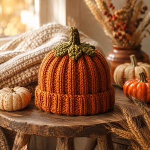 May include: A cuffed beanie hat in a vibrant orange color, featuring a ribbed knit texture and a decorative green crocheted stem and leaf detail at the top, designed to resemble a pumpkin with its rounded shape and vertical ridges.