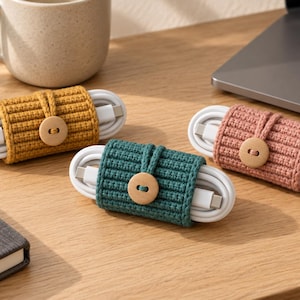 May include: Three cable organizers made of ribbed knit fabric in mustard yellow, teal, and dusty rose. Each organizer features a central wooden button closure and secures a white charging cable in a coiled loop, keeping the cords neatly bundled.