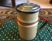Vintage Yelloe Enamel Coffee pot with red and black trim love love