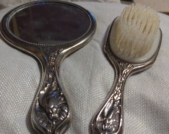 Vintage Vanity Set Silver Hand Mirror and Brush stunning