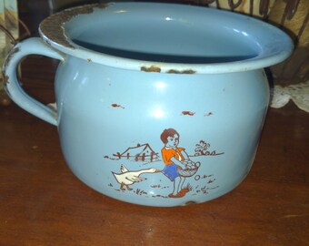 Vintage Child's Enamelware chamberpot with painted scene Germany