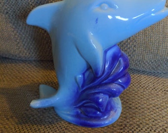 Vintage Ceramic Blue Dolphin playing in waves Brazil 4057