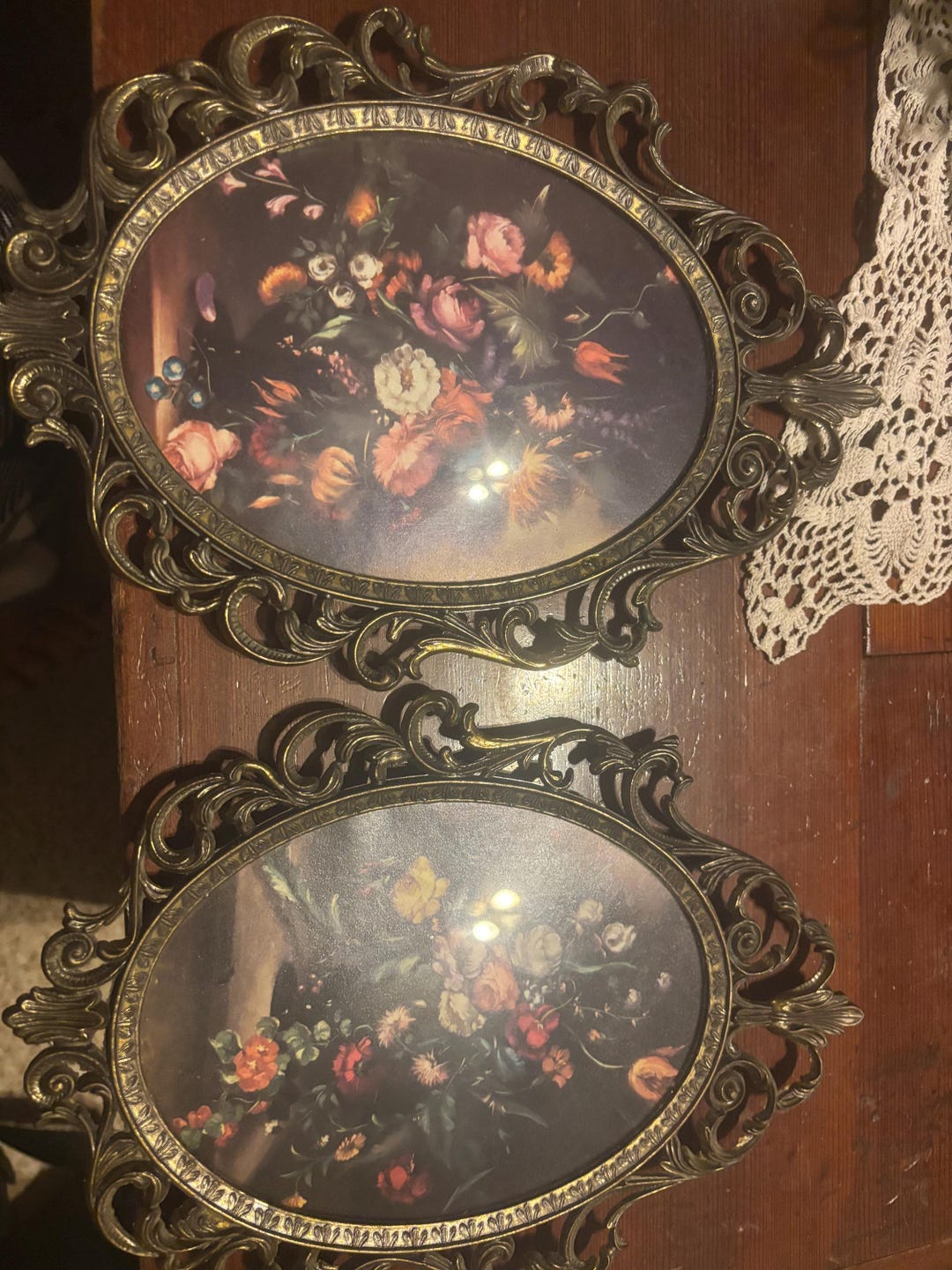 Pair of Vintage Italian Oval Floral Pictures With Metal Ornate Frames ...