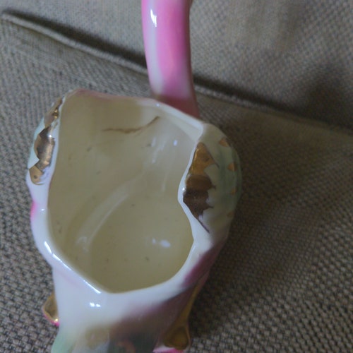 Vintage Trio of Colonial shops China Swan Planters Pink, green, white, and gold stunning