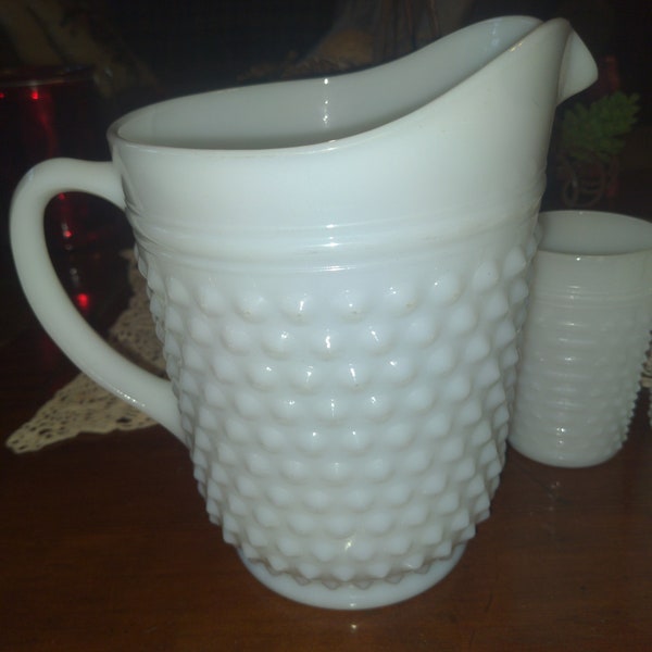 Vintage Milkglass Hobnail Pitcher and 3 glasses