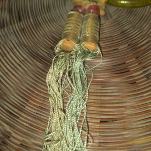 Vintage Wicker Chinese Sewing Basket with beads, coun, and silk tassel 9 inches image 3