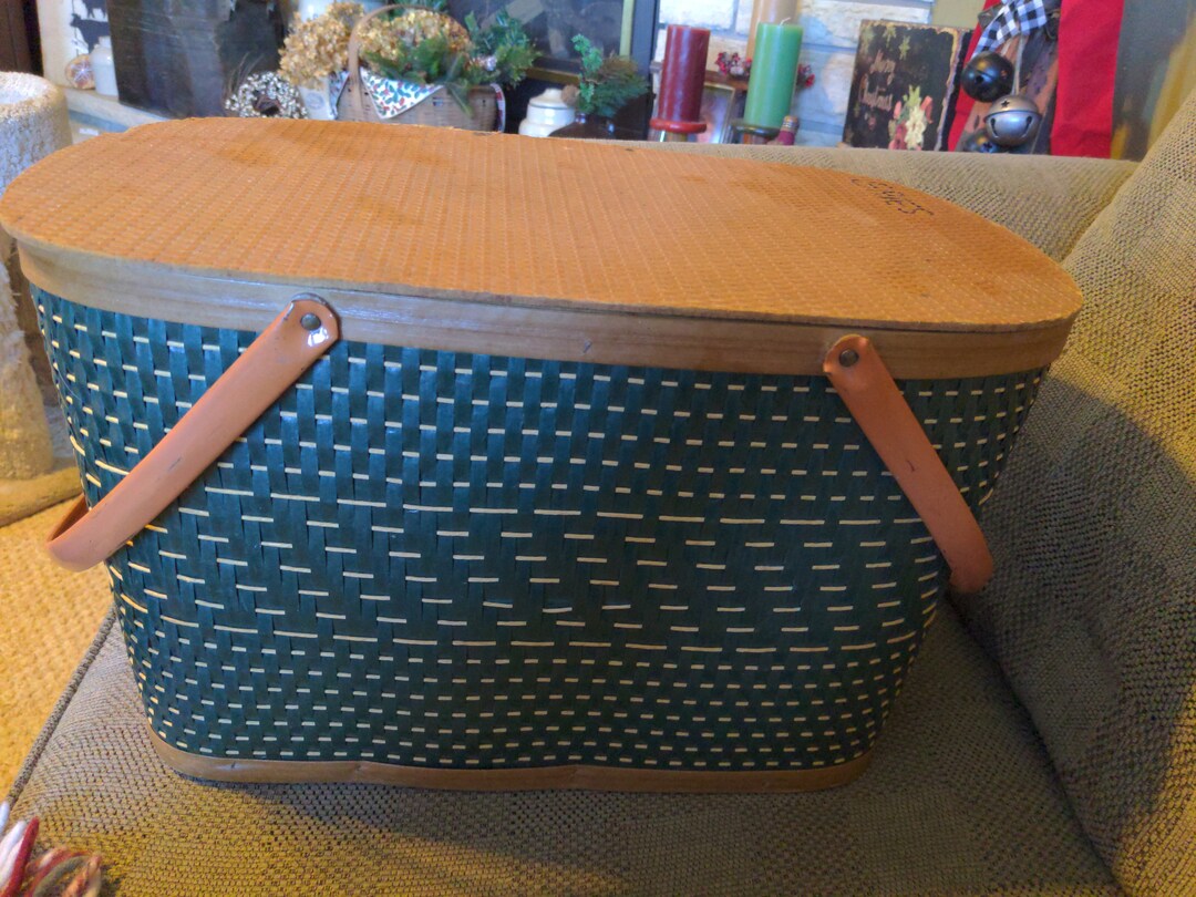 Vintage Woven Green Picnic Basket With Metal Handles Farmhouse Etsy