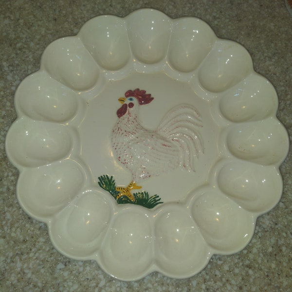 Vintage Deviled Egg Plate with Painted Rooster