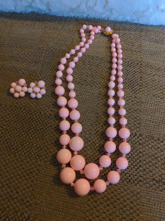 Vintage Pink Beaded Double Strand Necklace with m… - image 1