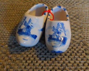 Vintage Miniature Pair of Ceramic Blue and White Dutch Wooden Shoes