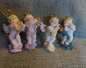 Set of 4 Vintage Cherub Angels playing musical instruments ornaments adorable