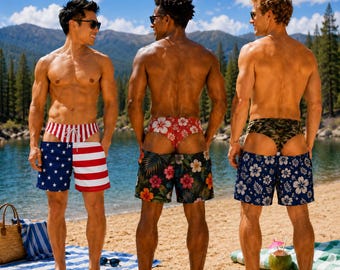 Costumi da bagno personalizzati con motivi, pantaloncini da bagno da uomo personalizzati, pantaloncini da spiaggia divertenti, pantaloncini con stampa leopardata e bandiera USA, regalo per le vacanze estive per lui
