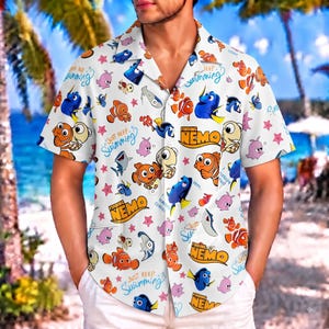 Finding Nemo Hawaïhemd, Disney Vakantiehemd, Just Keep Swimming Aloha-hemd, Epcot Disney World-reis, Pixar Beach Button Down