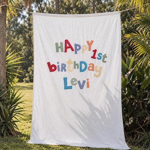 May include: A white fabric backdrop featuring the colourful, multi-patterned fabric letters that spell out "HAPPY 1st birthDay Levi". The letters are in various shades of red, blue, green, yellow, and orange, with some featuring plaid or checkered patterns.
