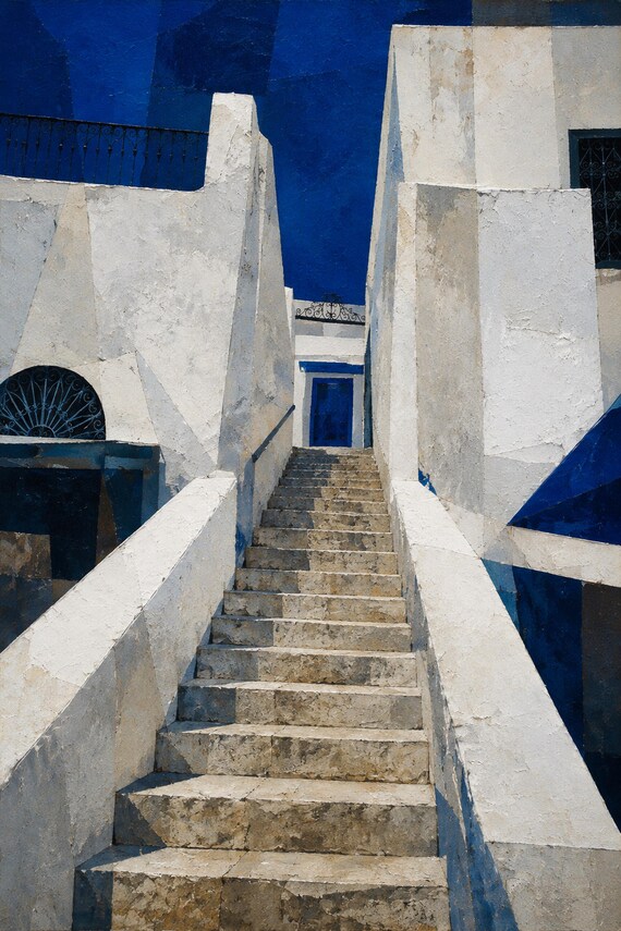 Sidi Bou Said Stone Stairway Printable Wall Art, Tunisian Architecture Digital Download, Blue White Decor