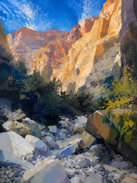 Sunlit Boulder Canyon Printable Wall Art, Abstract Desert Landscape Digital Download, Southwest Decor