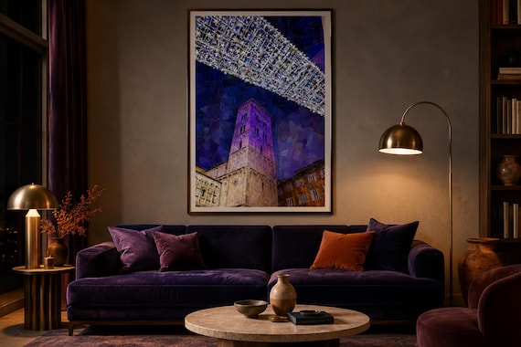 Lucca Star Canopy at Night Printable Wall Art, Italian Church Digital Download, Purple Architectural Art