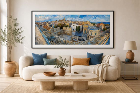 Spanish Coastal City Panorama Printable Wall Art, Historic Architecture Digital Download