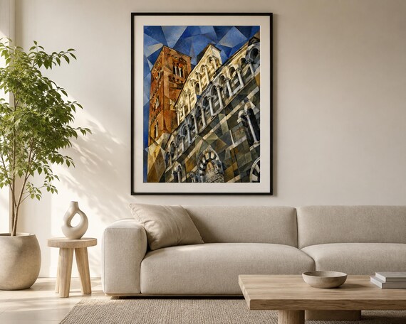 Lucca Church and Bell Tower Printable Wall Art, Cubist Italian Architecture Digital Download