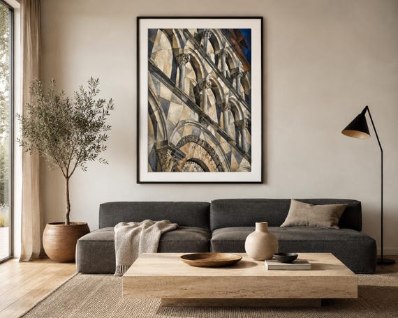 Italian Church Facade Printable Wall Art, Cubist Architecture Digital Download, Lucca Stone Arches
