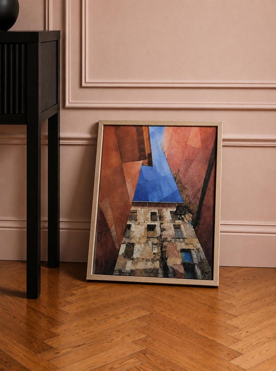 Sunlit Barcelona Street Giclée Canvas, Oak Floating Frame, 335 x 440 mm, Spanish City Wall Art