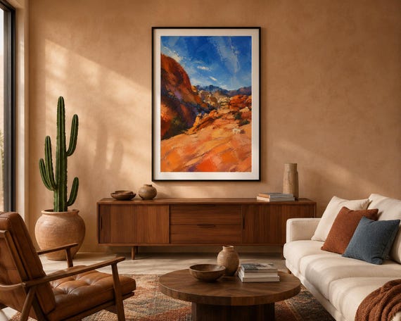 Red Rock Desert Printable Wall Art, Abstract Canyon Landscape Digital Download, Orange Blue Decor