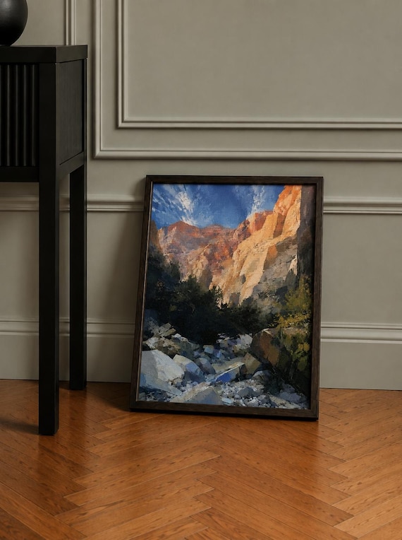 Sunlit Boulder Canyon Giclée Canvas, Dark Oak Floating Frame, 335 x 440 mm, Desert Wall Art