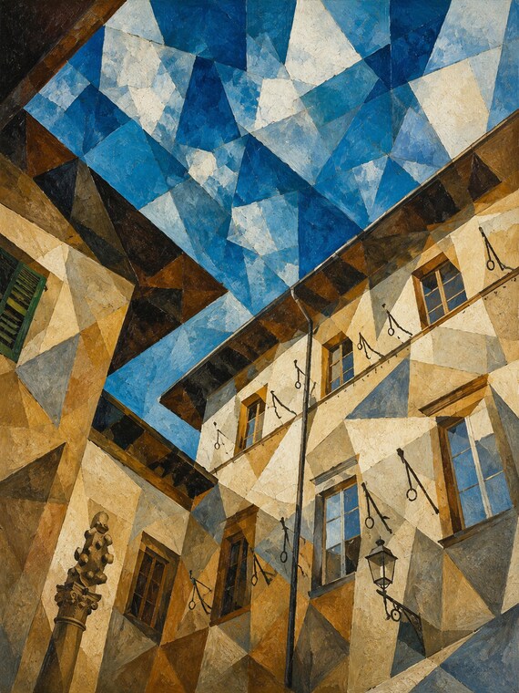 Italian Courtyard Printable Wall Art, Cubist Tuscan Architecture Digital Download, Mediterranean Decor