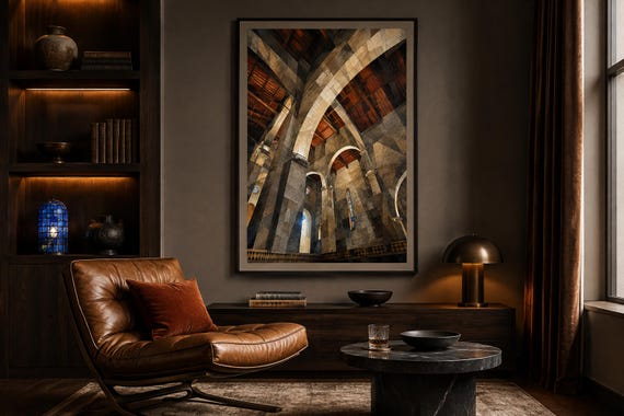 Romanesque Church Interior Printable Wall Art, Historic Architecture Digital Download, Italian Stone Arches