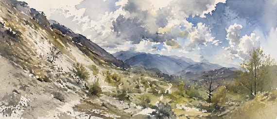 Atmospheric Tuscan Village Printable Wall Art, Italian Watercolour Landscape Digital Download