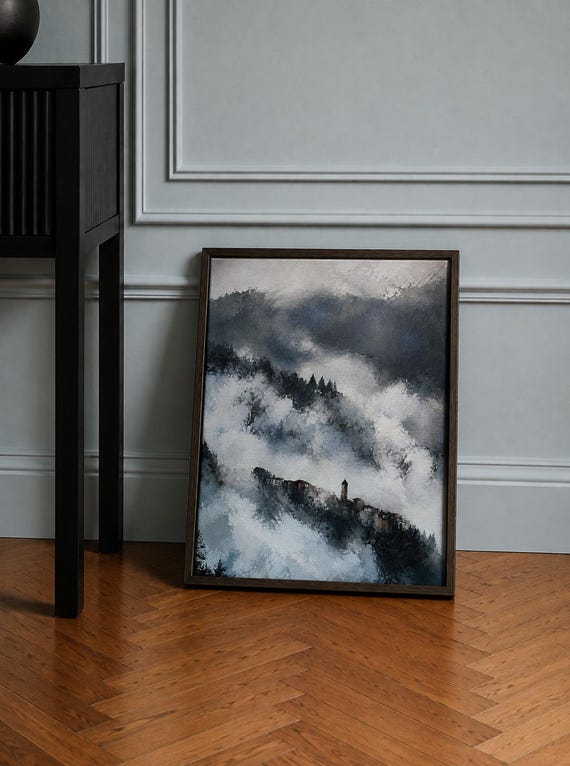 Tuscan Village in Mist Giclée Canvas, Dark Oak Floating Frame, 335 x 440 mm, Italian Landscape Art