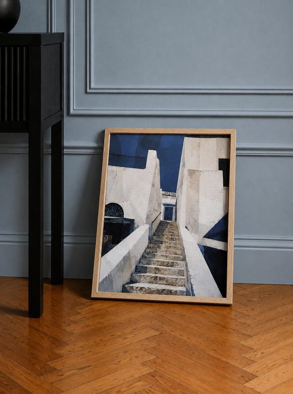 Sidi Bou Said Stone Stairway Giclée Canvas, Oak Floating Frame, 335 x 485 mm, Tunisian Wall Art