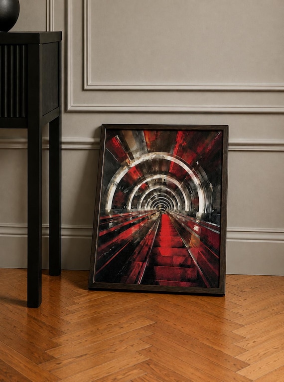 Pompidou Red Escalator Giclée Canvas, Dark Oak Floating Frame, 355 x 440 mm, Paris Architecture Art