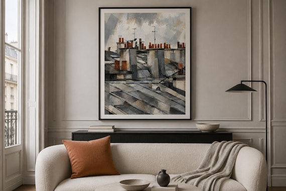 Paris Rooftops Printable Wall Art, French Architecture Digital Download, Zinc Roof and Chimney Cityscape