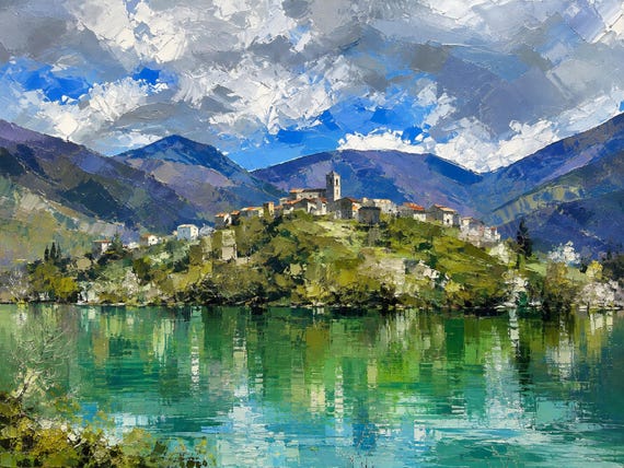 Emerald Italian Lake Village Printable Wall Art, Scenic European Landscape Digital Download