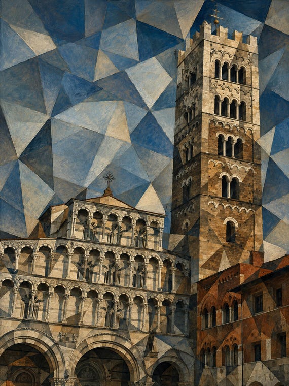 Lucca Cathedral and Campanile Printable Wall Art, Cubist Italian Architecture Digital Download
