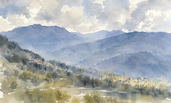 Minimalist Tuscan Mountain Village Printable Wall Art, Italian Watercolour Landscape Digital Download