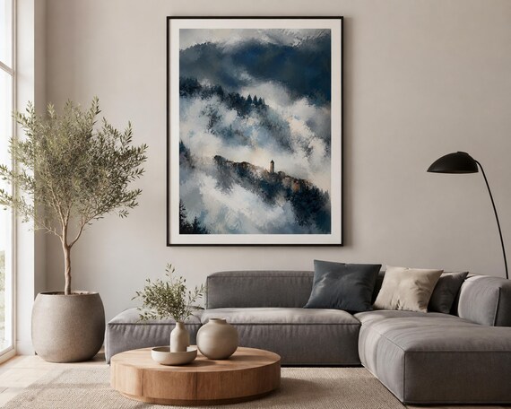 Italian Village in Mist Printable Wall Art, Atmospheric Tuscan Landscape Digital Download