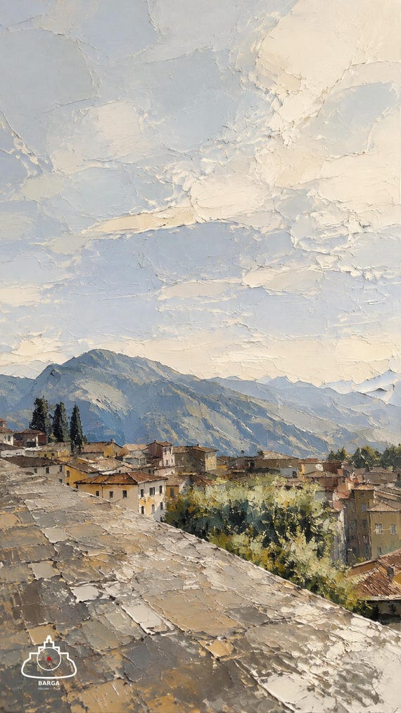 Abstract Tuscan Hill Town Printable Wall Art, Italian Village Landscape Digital Download