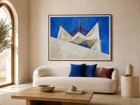 Modern Geometric Church Printable Wall Art, Abstract Architecture Digital Download, Blue White Red Decor