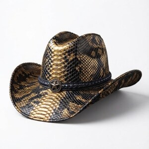 May include: A cowboy hat featuring a textured snakeskin pattern in shades of gold, brown, and black. The hat includes a dark braided band around the crown, accented with a circular metallic badge displaying a five-pointed star in the center.