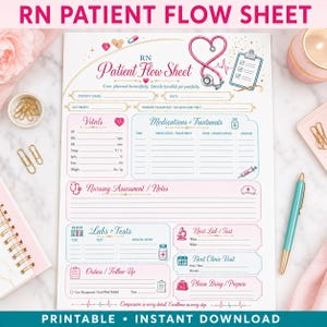 Peut inclure: Une fiche de suivi de patient RN blanche avec des sections roses et bleues pour les signes vitaux, les médicaments, les traitements, les notes infirmières, les examens et les suivis. Elle comporte des illustrations de stéthoscope et presse-papiers.