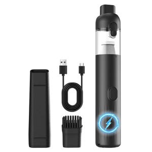 May include: A black handheld vacuum cleaner with a transparent dust canister containing a white filter, a black crevice nozzle, a black brush attachment, and a black USB charging cable. The vacuum body features a glowing blue lightning bolt icon.