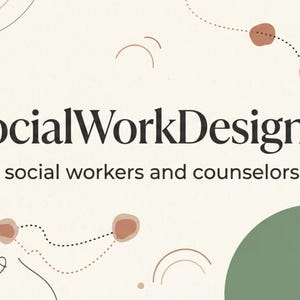 Könnte beinhalten: Ein grafisches Banner mit dem Text TheSocialWorkDesign und Formats for social workers and counselors in schwarzer Schrift. Der Hintergrund ist cremefarben mit abstrakten Linien, kleinen braunen Kreisen und einem großen grünen Kreis.