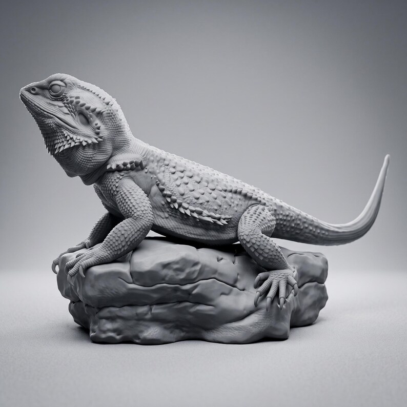 High-detail 3D printed miniature of a Bearded Dragon (Pogona) captured in a natural basking pose on a textured rock, showing intricate scale patterns from a low-angle perspective. Printed in grey using Anycubic Standard Resin V2 at 14K resolution. Ideal for painters and collectors. 🐉🦎 #3dprinting #beardeddragon #minipainting
