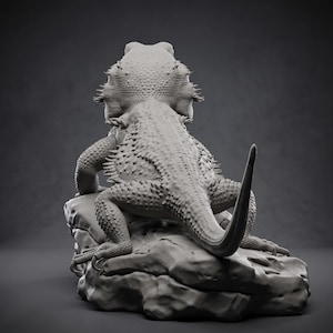 High-detail 3D printed miniature of a Bearded Dragon (Pogona) captured in a natural basking pose on a textured rock, showing intricate scale patterns from a low-angle perspective. Printed in grey using Anycubic Standard Resin V2 at 14K resolution. Ideal for painters and collectors. 🐉🦎 #3dprinting #beardeddragon #minipainting