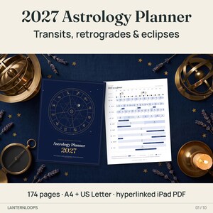 May include: A 2027 Astrology Planner with a dark blue cover featuring a gold zodiac wheel and the text 2027 Astrology Planner. Beside it, an open page displays a 2027 at a glance calendar with transit and eclipse data in a digital PDF format.