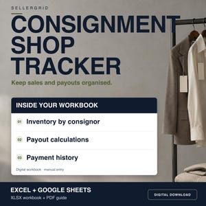 Strumento di monitoraggio per negozi in conto vendita: pagamenti ai venditori, suddivisione dei ricavi e gestione dell'inventario per Fogli Google ed Excel.
